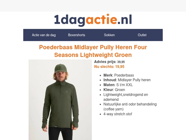 Slechts €19,95 voor de Poederbaas groene Skipully!⛷️🧡