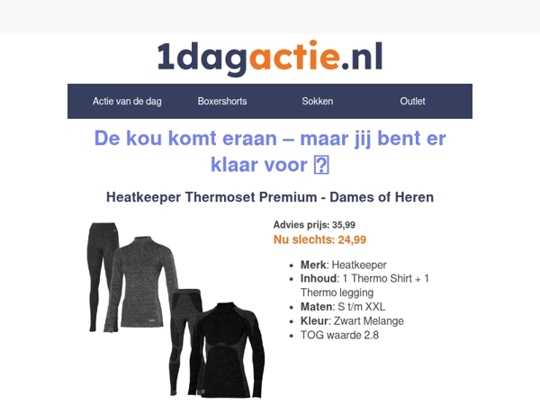 ❄️ Houd je warm! Heatkeeper Thermoset nu 31% goedkoper