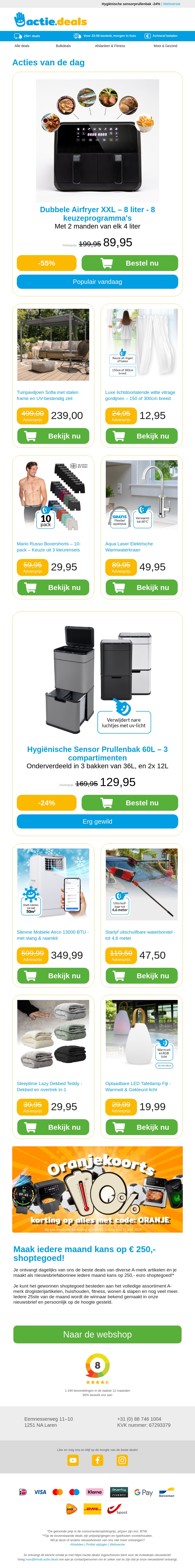 Dubbele Airfryer | Tuinpaviljoen | Vitrage | 10-pack boxershorts | Elektrische warmwaterkraan Dubbele Airfryer | Tuinpaviljoen | Vitrage | 10-pack boxershorts | Elektrische warmwaterkraan