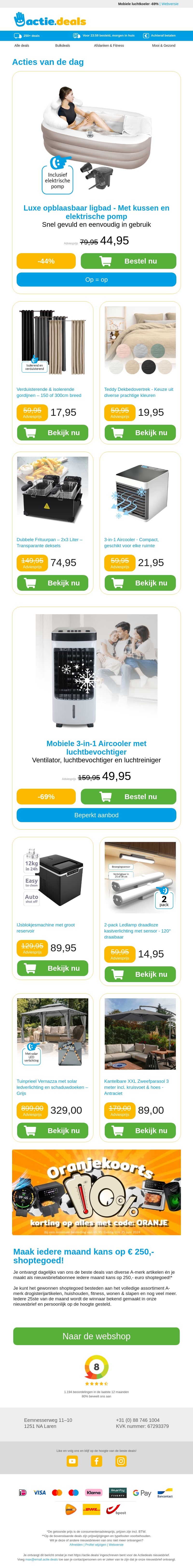 Opblaasbaar ligbad | Verduisterende gordijnen | Teddy beddengoed | Dubbele frituurpan | 3-in-1 Aircooler Opblaasbaar ligbad | Verduisterende gordijnen | Teddy beddengoed | Dubbele frituurpan | 3-in-1 Aircooler