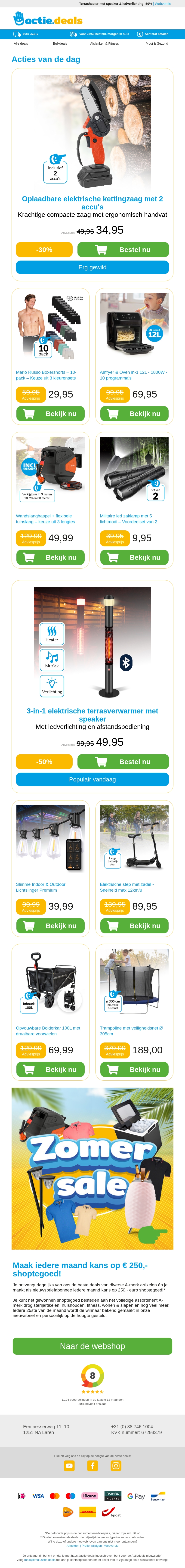 Oplaadbare kettingzaag | 10-pack boxershorts | Airfryer 12L | Wandslanghaspel | Militaire zaklampen Oplaadbare kettingzaag | 10-pack boxershorts | Airfryer 12L | Wandslanghaspel | Militaire zaklampen