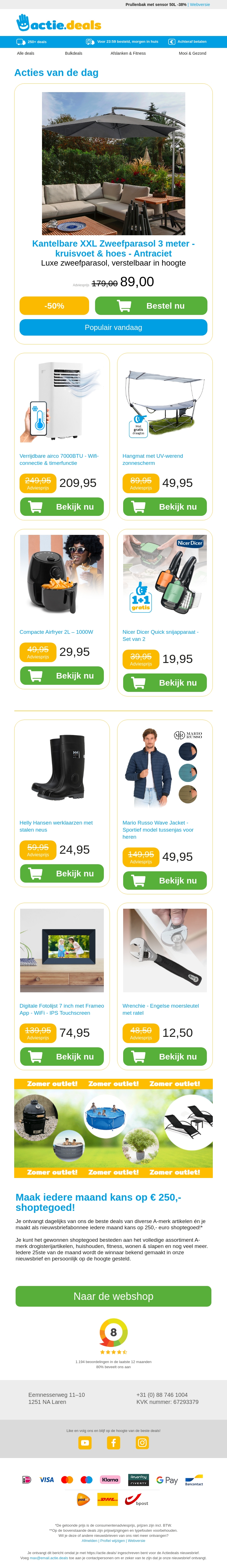 XXL Zweefparasol | Airco 7000BTU | Hangmat | Compacte Airfryer | Nicer Dicer Quick XXL Zweefparasol | Airco 7000BTU | Hangmat | Compacte Airfryer | Nicer Dicer Quick