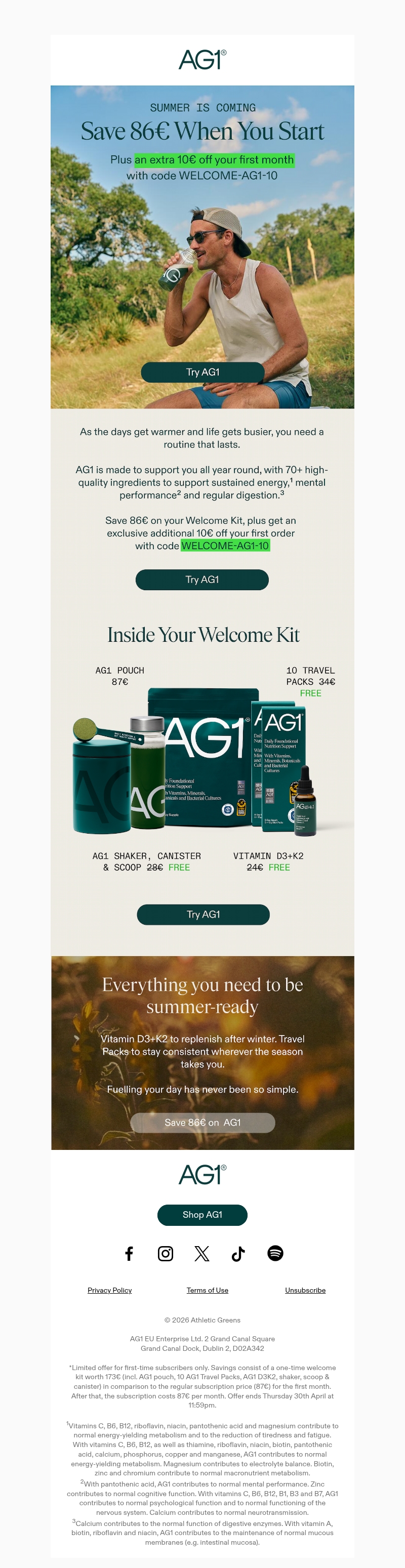 Summer is coming. Save 86€ on AG1 Summer is coming. Save 86€ on AG1