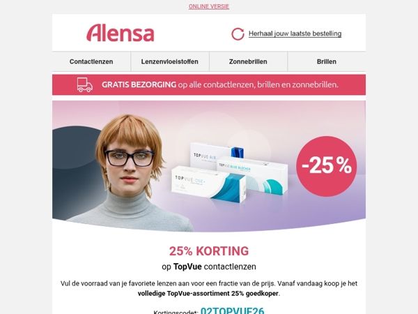 Actie: Alle TopVue contactlenzen met 25% korting.