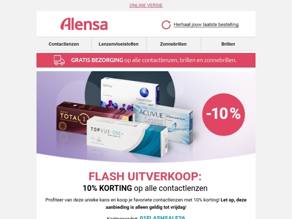 Flash uitverkoop: -10% korting op alle contactlenzen.