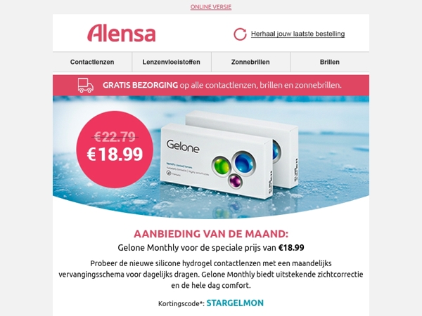 Aanbieding van de maand: Gelone Monthly lenzen voor een speciale prijs van €18.99