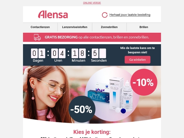 Alleen tot morgen: 50% korting op brillen of 10% korting op alle andere producten.