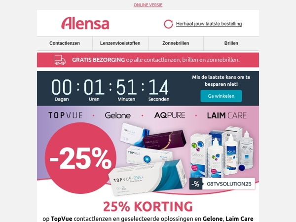 Laatste kans: TopVue contactlenzen en geselecteerde vloeistoffen nu met 25% korting.