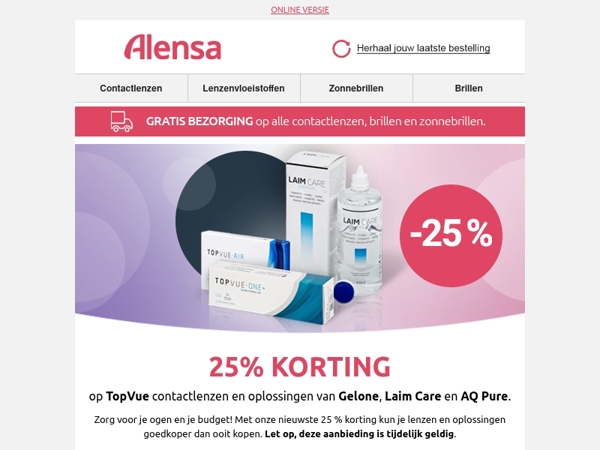 TopVue contactlenzen en geselecteerde vloeistoffen nu met 25% korting.