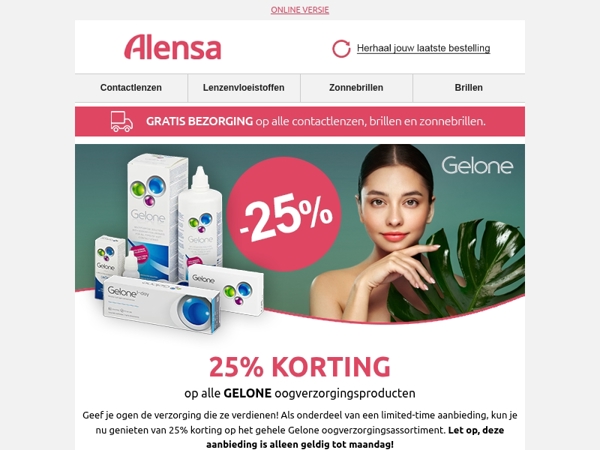 Alle Gelone oogverzorgingsproducten nu met 25% korting.