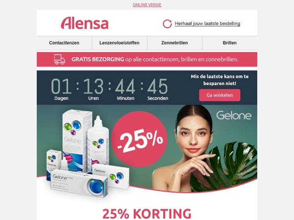 Alleen tot maandag: Alle Gelone oogverzorgingsproducten nu met 25% korting.