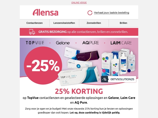 TopVue contactlenzen en geselecteerde vloeistoffen nu met 25% korting.