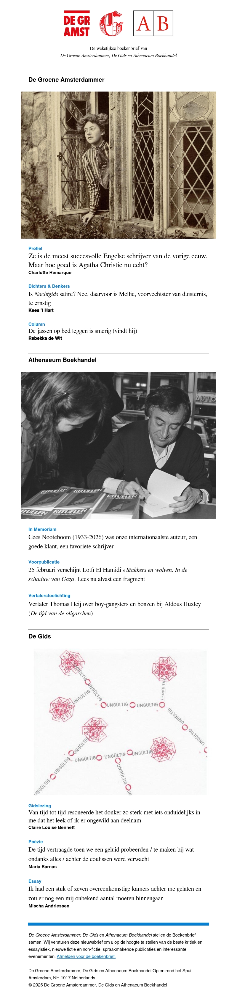 Boekenbrief: Een profiel van misdaadschrijfster Agatha Christie, de nieuwe roman van Marjolijn van Heemstra, In Memoriam voor Cees Nooteboom, en meer Boekenbrief: Een profiel van misdaadschrijfster Agatha Christie, de nieuwe roman van Marjolijn van Heemstra, In Memoriam voor Cees Nooteboom, en meer