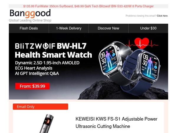 [Jan. Hot Sale][50pcs] From $39.99 BlitzWolf HL7 Smart Watch, $57.99 KEWEISI Ultrasonic Cutting Machine >>