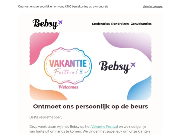Ontmoet Bebsy op het Vakantie Festival | €100 beurskorting