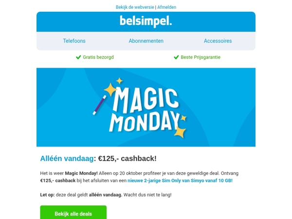 Ontvang alléén vandaag €125,- cashback bij Belsimpel