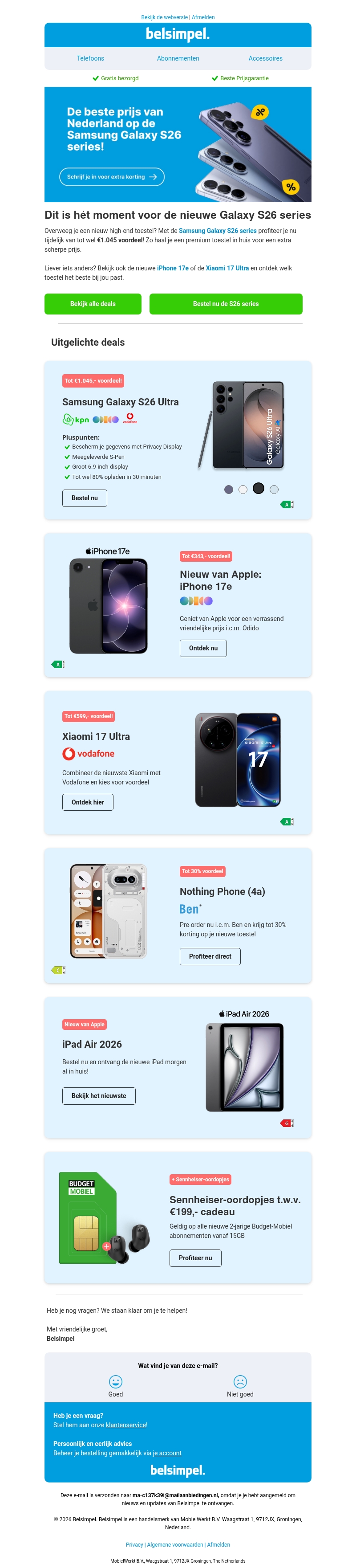 De Galaxy S26 series voor de allerbeste prijs van Nederland i.c.m. abonnement! De Galaxy S26 series voor de allerbeste prijs van Nederland i.c.m. abonnement!