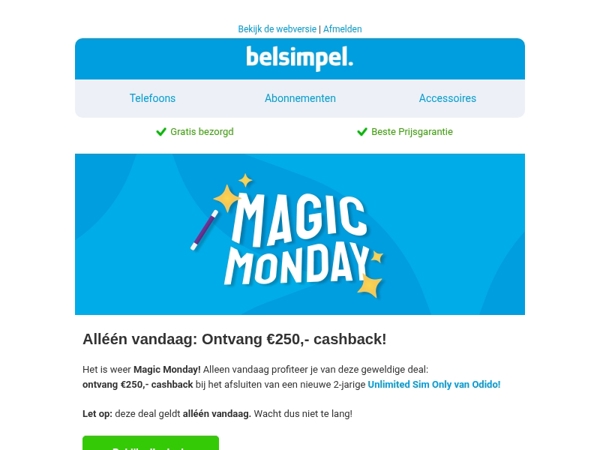 Ontvang alléén vandaag €250,- cashback bij Belsimpel