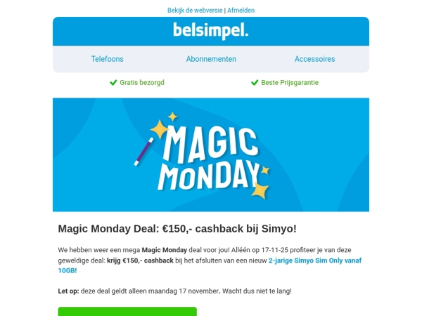 Krijg alleen vandaag €150,- cashback bij Simyo