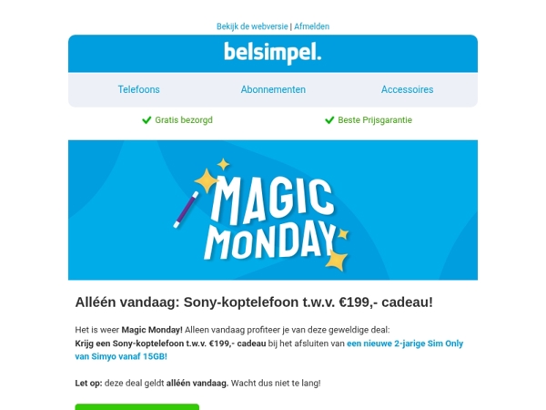 Ontvang alléén vandaag een Sony-koptelefoon cadeau bij Belsimpel