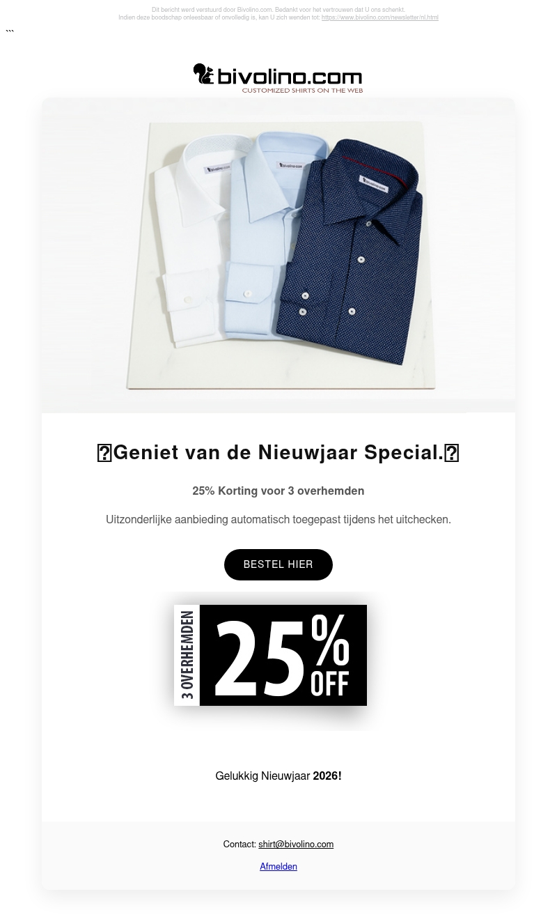 LAATSTE OPROEP : 25% KORTING VOOR 3 OVERHEMDEN – NIEUWJAAR SPECIAL🎄 LAATSTE OPROEP : 25% KORTING VOOR 3 OVERHEMDEN – NIEUWJAAR SPECIAL🎄
