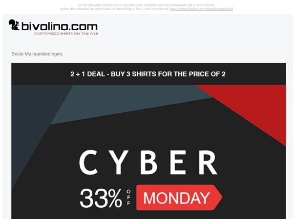 CYBER MONDAY @ BIVOLINO : 3for2 - Drie overhemden voor de prijs van twee