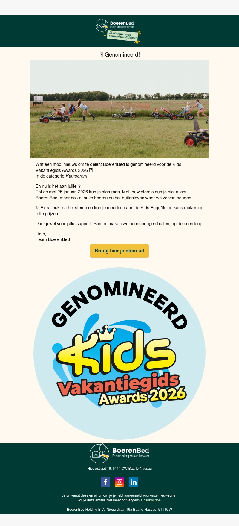 BoerenBed is genomineerd voor de Kids Vakantiegids Awards BoerenBed is genomineerd voor de Kids Vakantiegids Awards