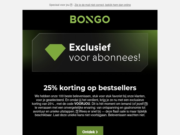 🚨 25% korting op onze 100 populairste belevenissen 