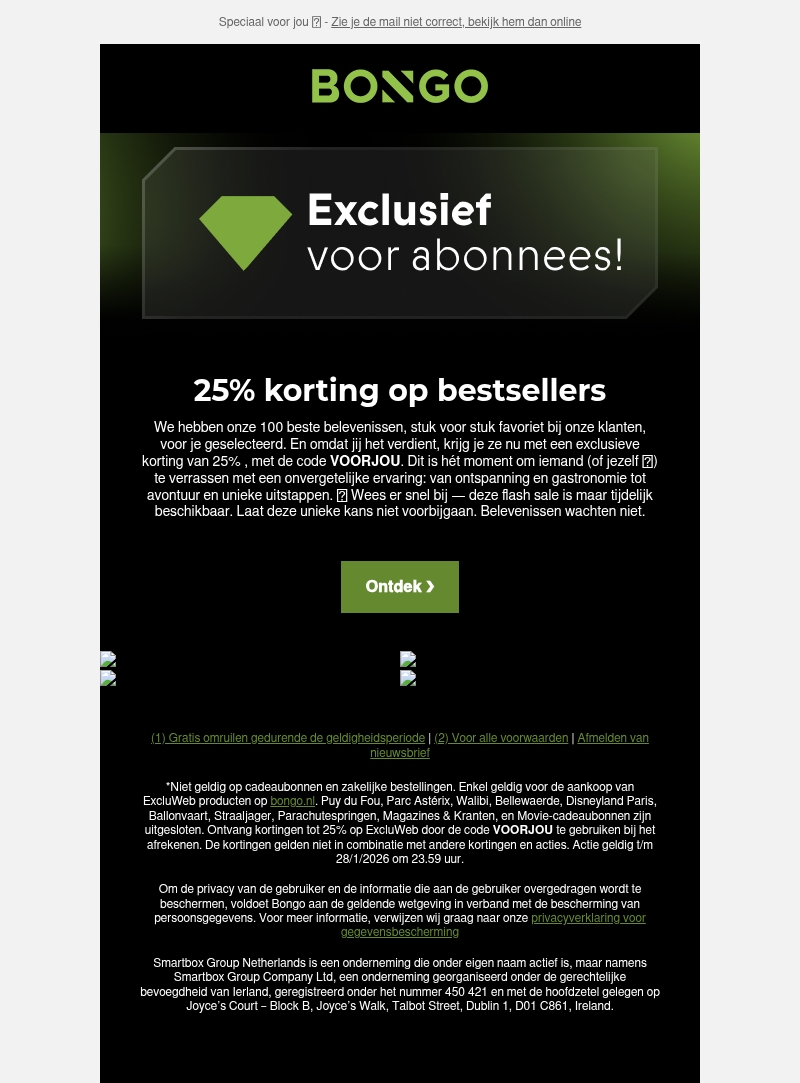 ๐จ Laatste kans: 25% korting op onze 100 populairste belevenissen ๐จ Laatste kans: 25% korting op onze 100 populairste belevenissen