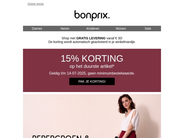 Jouw cadeau: -15% op je duurste artikel | Pepergroen & pruimrood