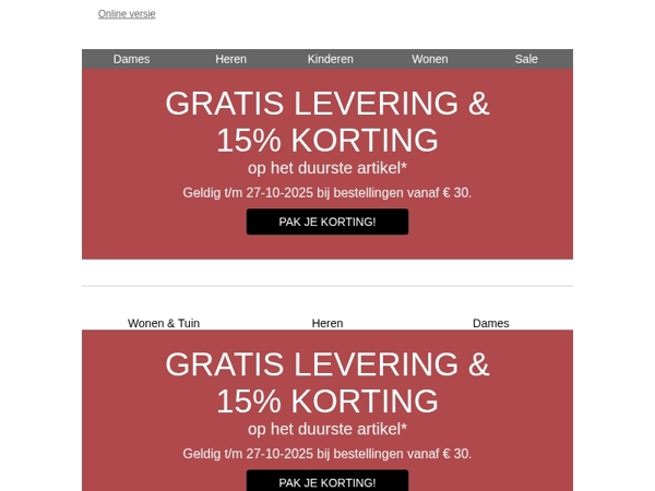 Gratis levering & -15% op het duurste artikel