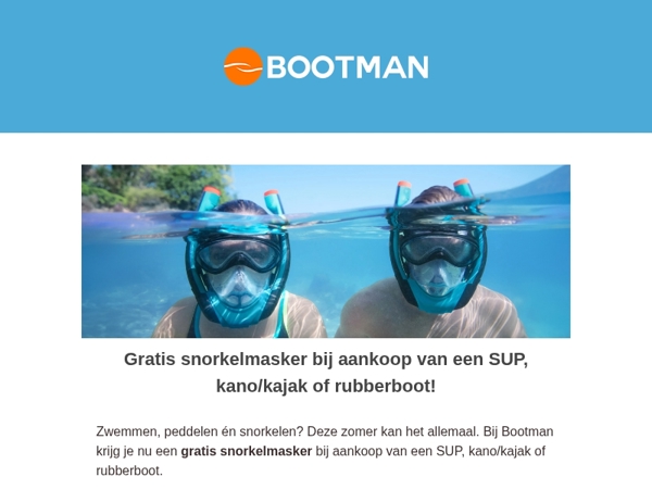 Gratis snorkelmaster bij aankoop van een SUP, kano/kajak of rubberboot