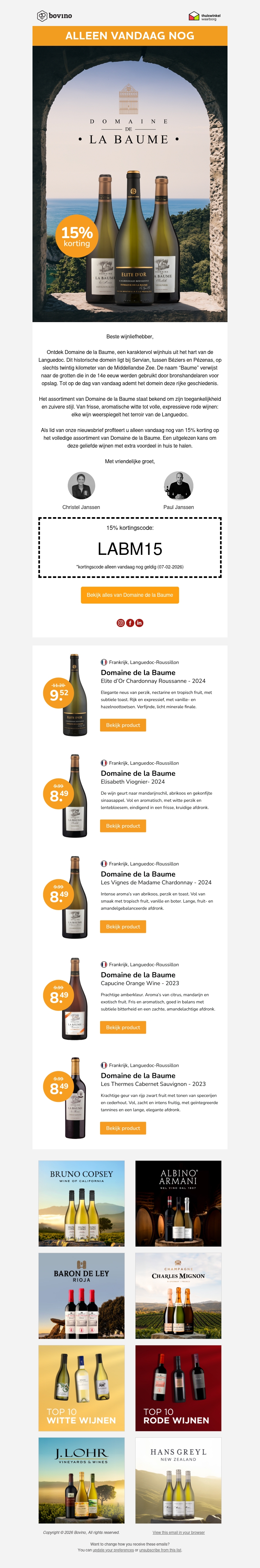 🇫🇷 Alleen vandaag nog 15% korting op alle wijnen van Domaine de la Baume 🇫🇷 Alleen vandaag nog 15% korting op alle wijnen van Domaine de la Baume