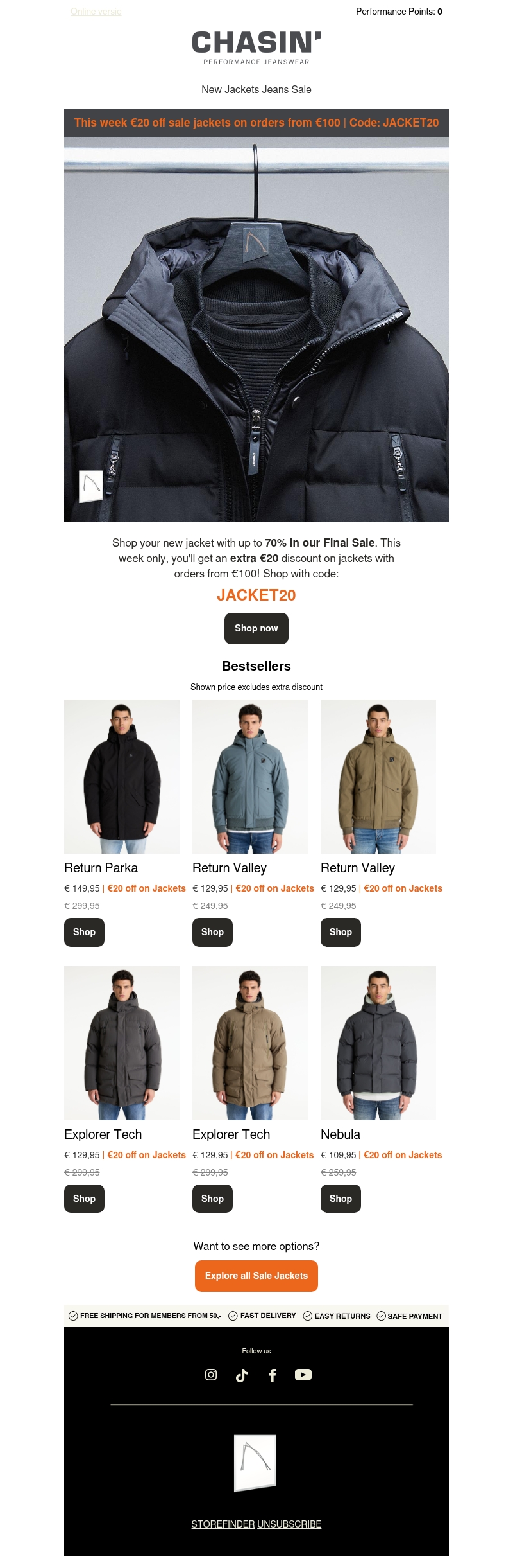€20 Extra off of Sale Jackets with orders over €100,- €20 Extra off of Sale Jackets with orders over €100,-