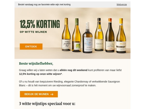 Alleen dit weekend nog 12,5% korting op witte wijn