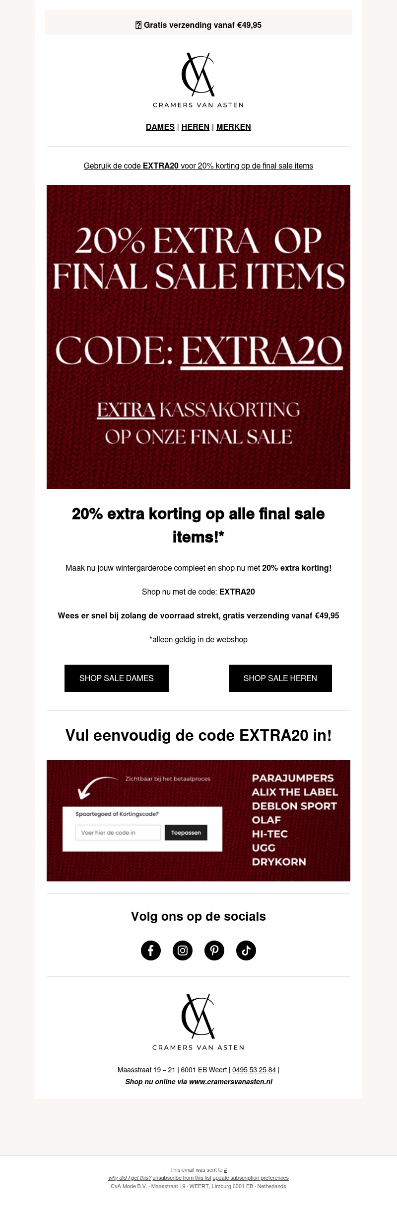 EXTRA20 is VERLENGT! 20% EXTRA KORTING OP SALE ITEMS EXTRA20 is VERLENGT! 20% EXTRA KORTING OP SALE ITEMS