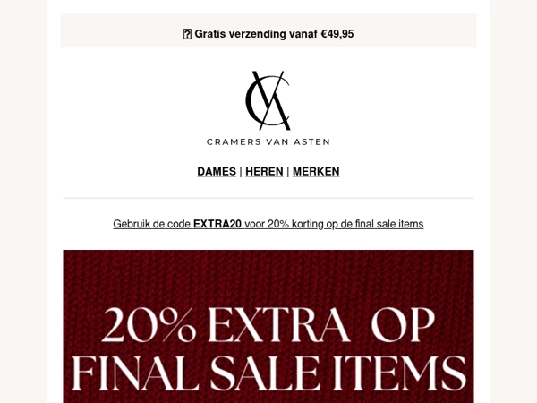 EXTRA20 is VERLENGT! 20% EXTRA KORTING OP SALE ITEMS