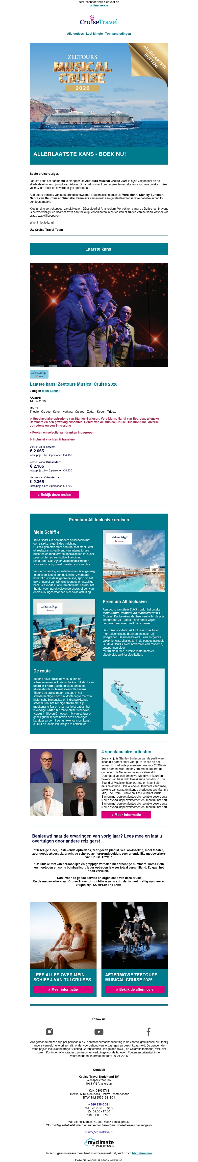 Nu of nooit: Laatste hutten voor de Zeetours Musical Cruise 2026 Nu of nooit: Laatste hutten voor de Zeetours Musical Cruise 2026