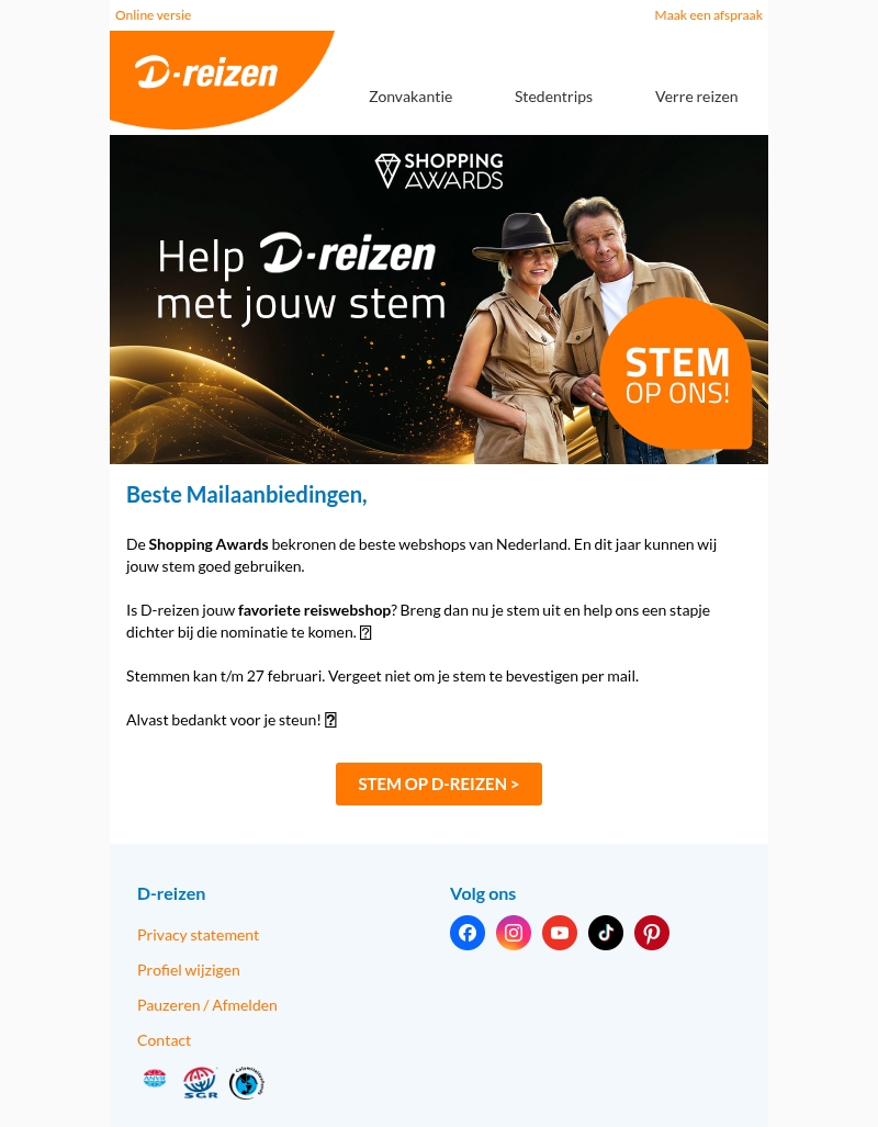 Stem op D-reizen bij de Shopping Awards! 🧡 Stem op D-reizen bij de Shopping Awards! 🧡