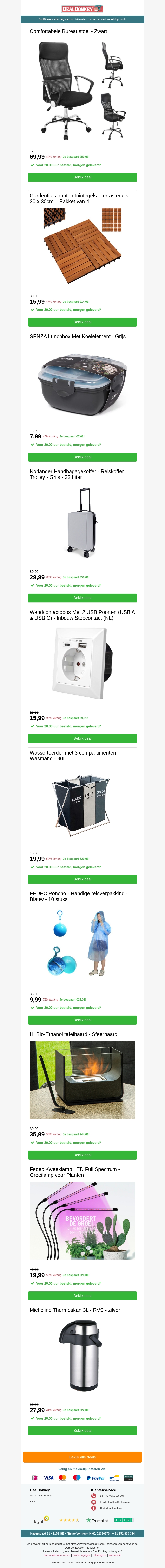 Comfortabele Bureaustoel - Lunchbox - Handbagagekoffer - Wandcontactdoos - Wassorteerder - Poncho Comfortabele Bureaustoel - Lunchbox - Handbagagekoffer - Wandcontactdoos - Wassorteerder - Poncho