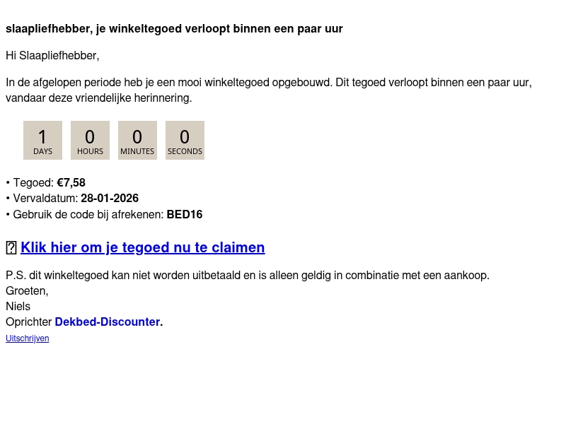 Slaapliefhebber, je shoptegoed verloopt!! Slaapliefhebber, je shoptegoed verloopt!!