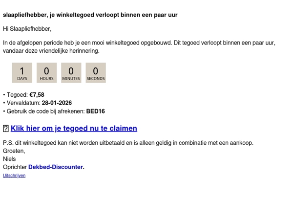 Slaapliefhebber, je shoptegoed verloopt!!