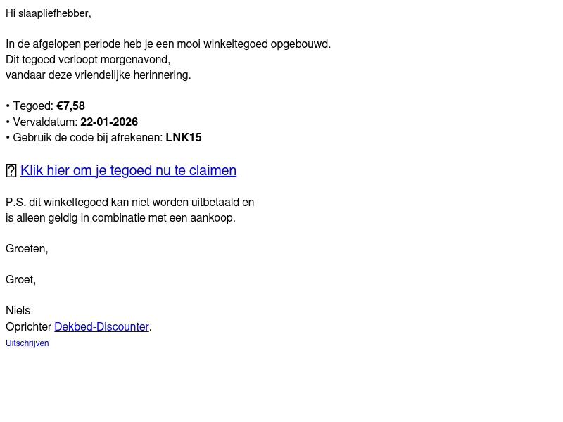 Slaapliefhebber, Je winkeltegoed verloopt bijna Slaapliefhebber, Je winkeltegoed verloopt bijna