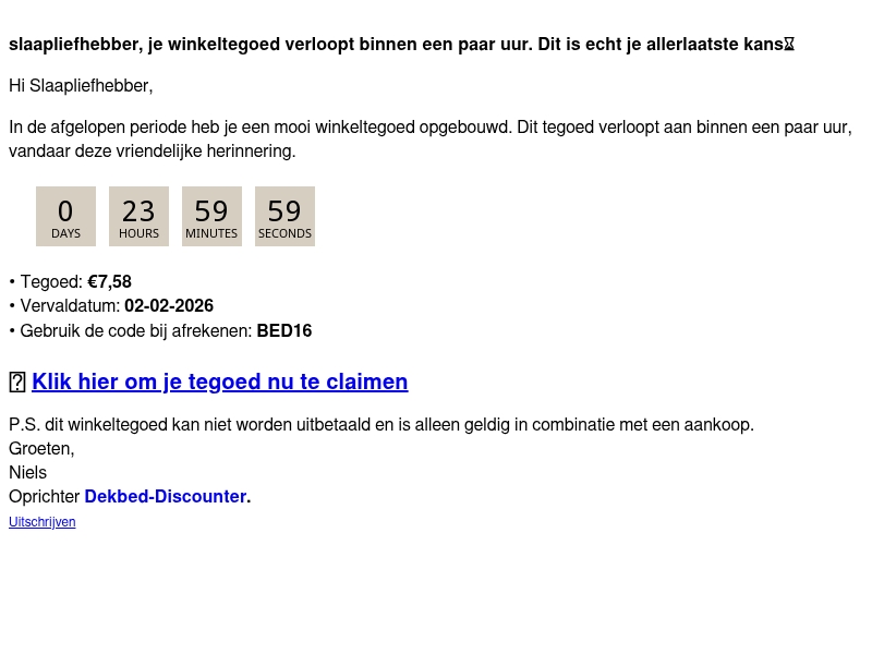 Slaapliefhebber, je shoptegoed verloopt!! Slaapliefhebber, je shoptegoed verloopt!!