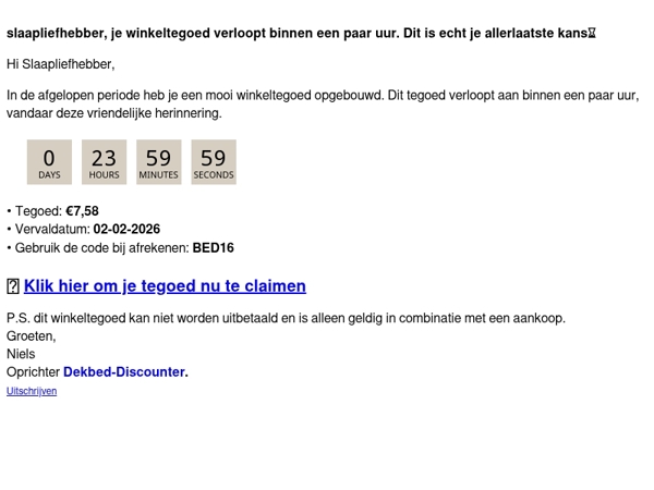 Slaapliefhebber, je shoptegoed verloopt!!