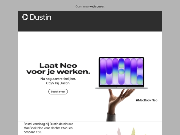 MacBook Neo. Nu voor €529 bij Dustin.