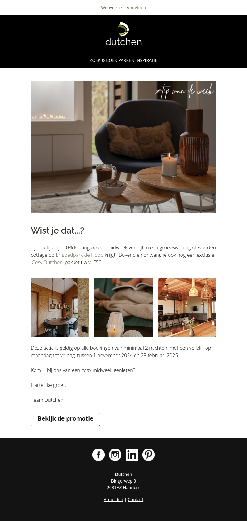 Tip van de week | Cosy midweek op Erfgoedpark de Hoop Tip van de week | Cosy midweek op Erfgoedpark de Hoop