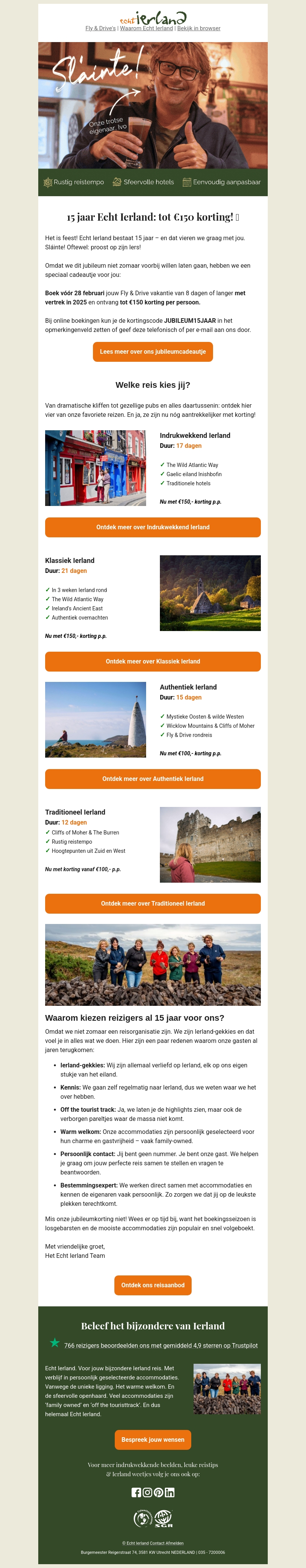 🎉 15 jaar Echt Ierland = tot €150 korting voor jóu! 🎁 🎉 15 jaar Echt Ierland = tot €150 korting voor jóu! 🎁