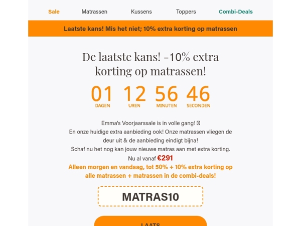 Laatste kans voor -10% extra korting op matrassen!