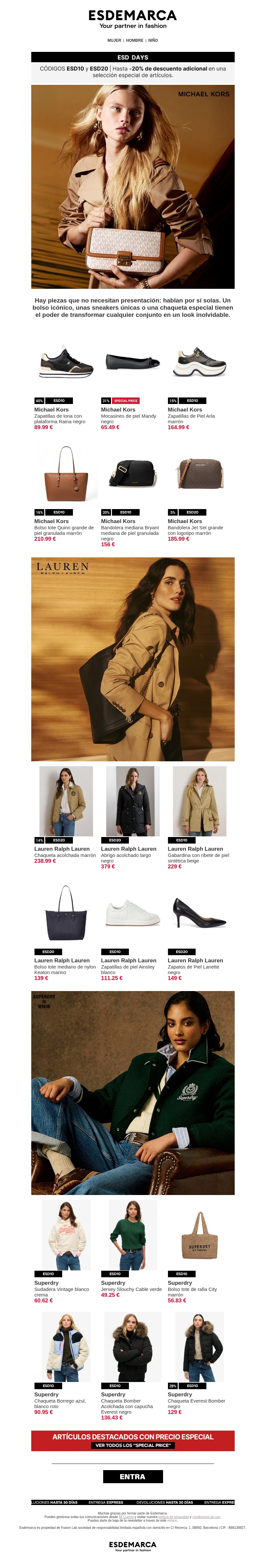 Michael Kors, Lauren y Superdry con hasta -20% adicional Michael Kors, Lauren y Superdry con hasta -20% adicional
